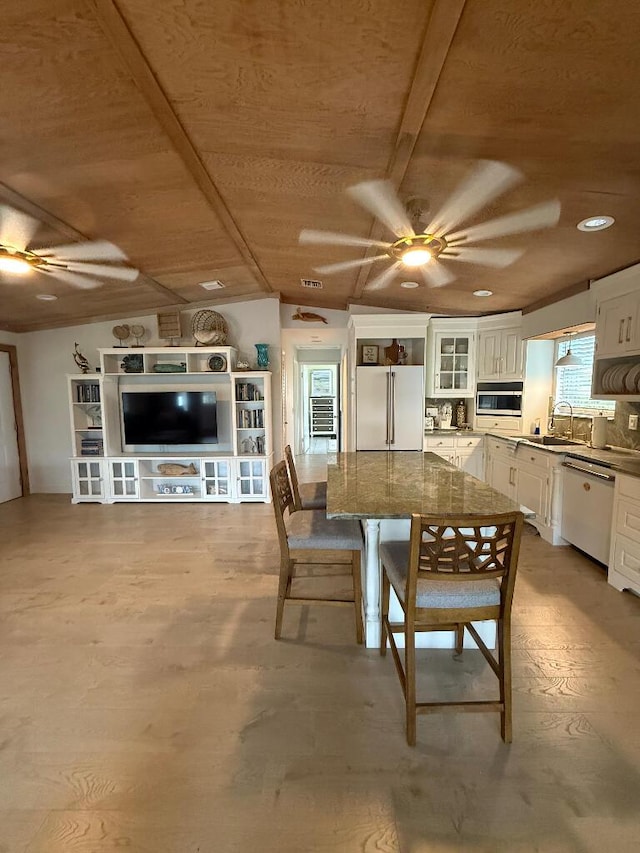 1672 Pandorea Ln, Big Pine, FL 33043 - dining area featuring ceiling fan, wooden ceiling, light wood-style flooring, recessed lighting, and vaulted ceiling