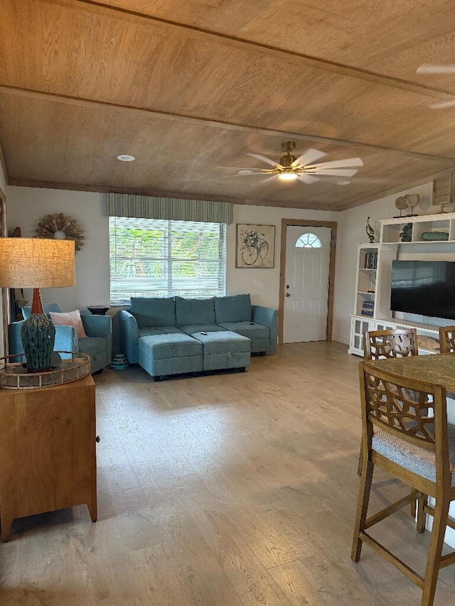 1672 Pandorea Ln, Big Pine, FL 33043 - living room with light wood finished floors, ceiling fan, and wooden ceiling
