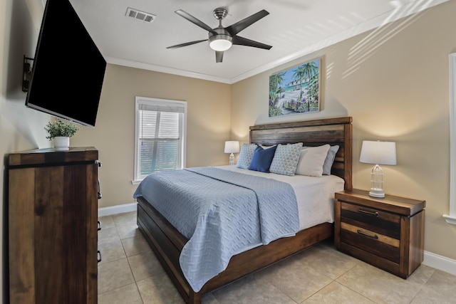 bedroom featuring light tile patterned floors, crown molding, and ceiling fan