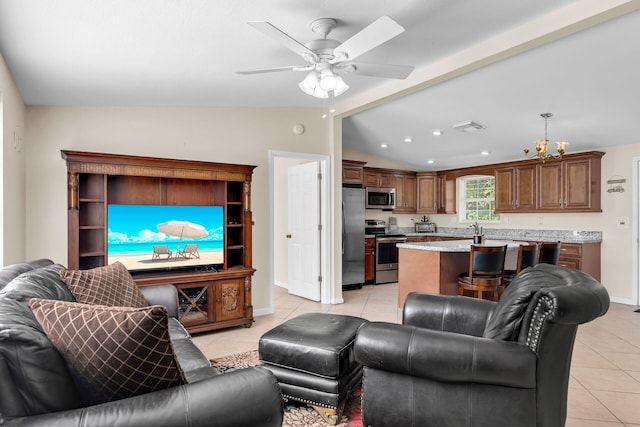 tiled living room with ceiling fan and lofted ceiling with beams