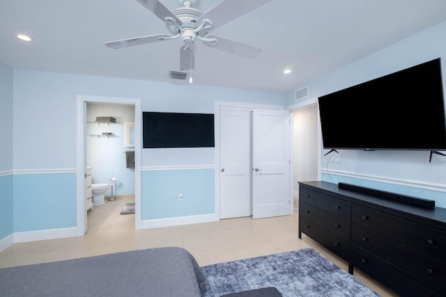 453 Lime Dr, Key Largo, FL 33037 - bedroom with recessed lighting, baseboards, ceiling fan, light tile patterned floors, and ensuite bathroom