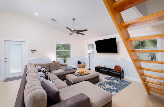 453 Lime Dr, Key Largo, FL 33037 - living area with lofted ceiling, ceiling fan, light tile patterned floors, and recessed lighting