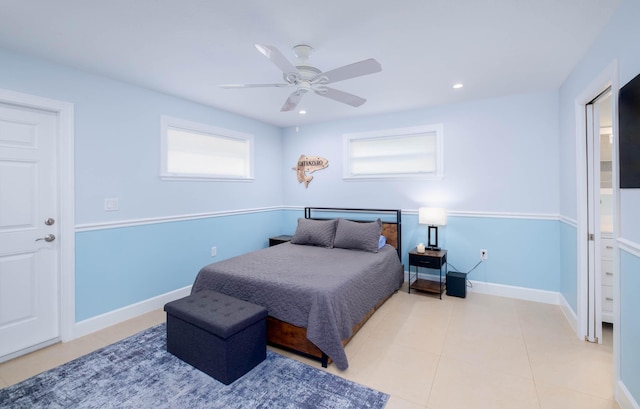 453 Lime Dr, Key Largo, FL 33037 - tiled bedroom with baseboards, a ceiling fan, and recessed lighting