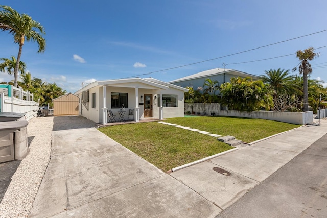 bungalow with fence, a front lawn, and stucco siding