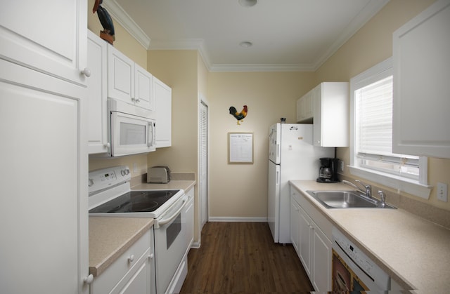 kitchen with sink, white cabinets, and white appliances