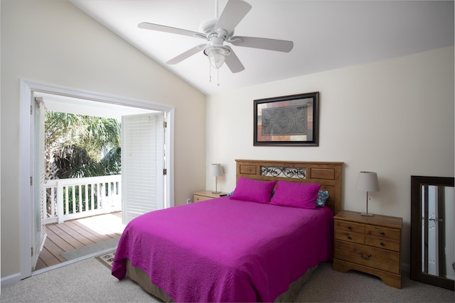 bedroom featuring access to exterior, vaulted ceiling, ceiling fan, and carpet flooring