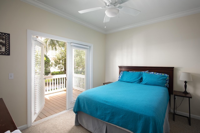 bedroom with crown molding, carpet floors, access to exterior, and ceiling fan