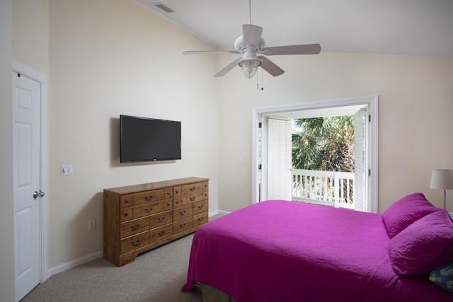 bedroom featuring ceiling fan, vaulted ceiling, light carpet, and access to outside