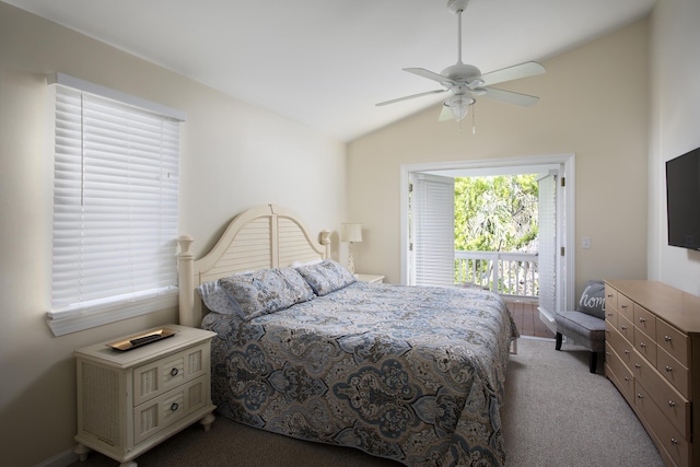 carpeted bedroom featuring ceiling fan, lofted ceiling, and access to exterior