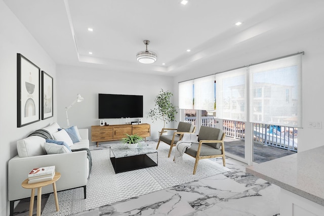 living room with a tray ceiling