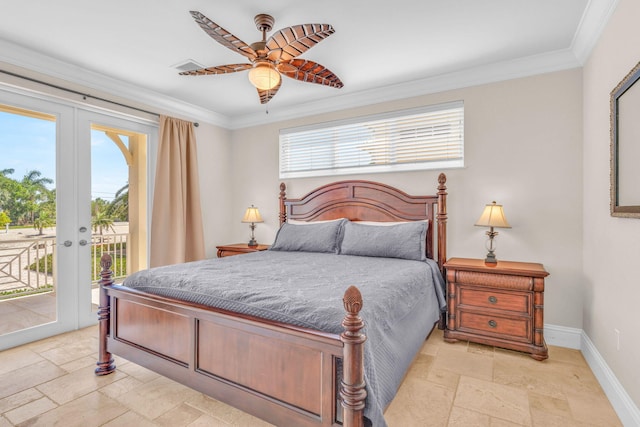 2394 Coco Plum Dr, Marathon, FL 33050 - bedroom featuring stone tile flooring, access to exterior, baseboards, ornamental molding, and french doors
