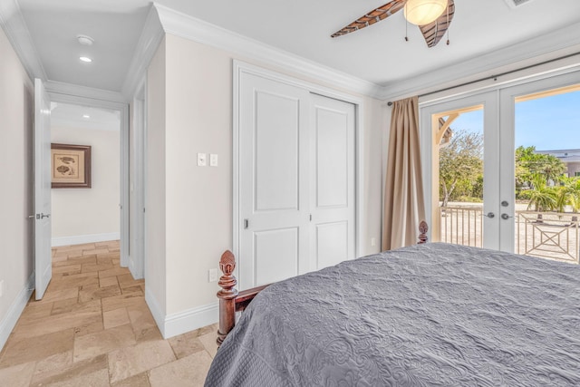 2394 Coco Plum Dr, Marathon, FL 33050 - bedroom with french doors, stone tile flooring, baseboards, access to exterior, and ornamental molding