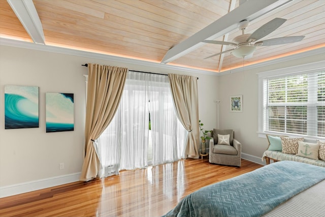 bedroom featuring ceiling fan, light hardwood / wood-style flooring, and wooden ceiling