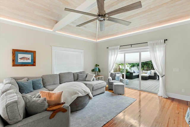 living room featuring beam ceiling, ceiling fan, wood ceiling, and light hardwood / wood-style flooring