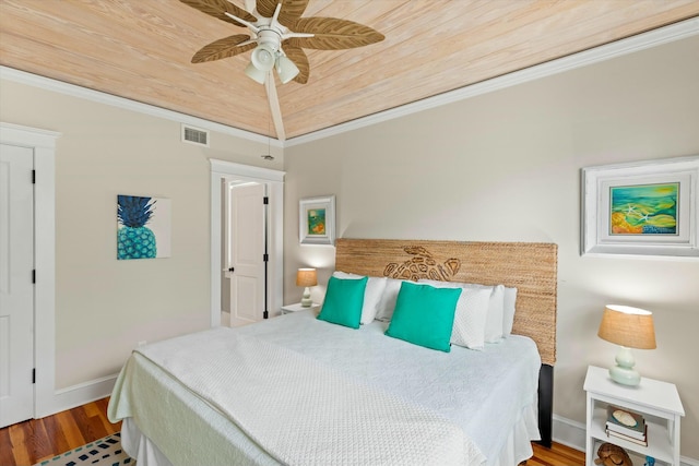 bedroom featuring lofted ceiling, crown molding, wood ceiling, ceiling fan, and wood-type flooring