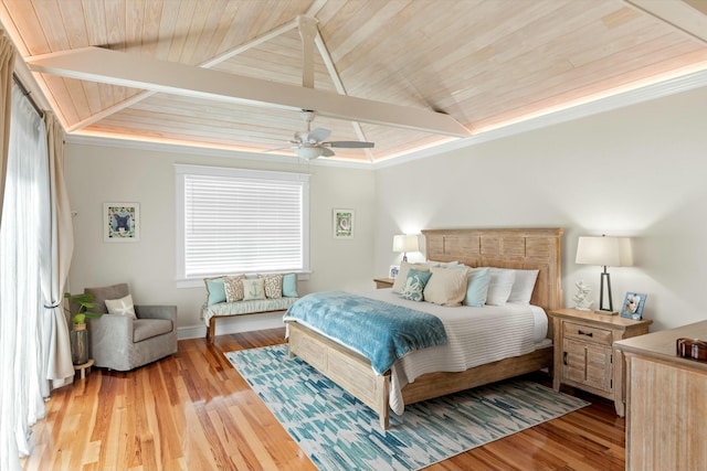 bedroom featuring vaulted ceiling with beams, wood ceiling, light hardwood / wood-style floors, and ceiling fan