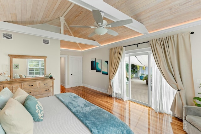 bedroom featuring vaulted ceiling with beams, access to exterior, ceiling fan, wood ceiling, and light hardwood / wood-style floors