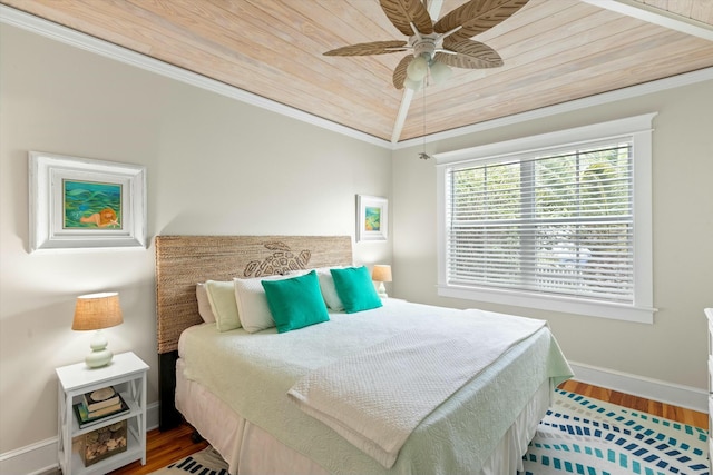 bedroom featuring crown molding, wood-type flooring, vaulted ceiling, wooden ceiling, and ceiling fan