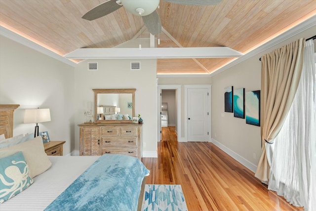 bedroom with wood ceiling, light hardwood / wood-style flooring, and lofted ceiling with beams