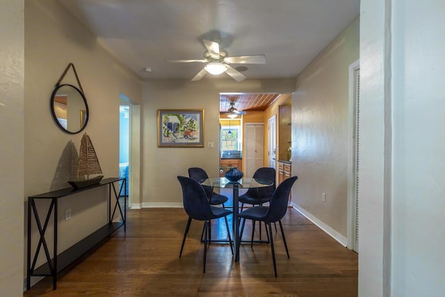 dining area featuring ceiling fan and dark hardwood / wood-style flooring