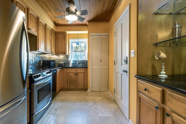 kitchen with wooden ceiling, dark stone countertops, pendant lighting, stainless steel appliances, and backsplash