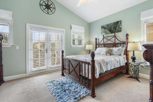 carpeted bedroom featuring access to exterior, high vaulted ceiling, and ceiling fan