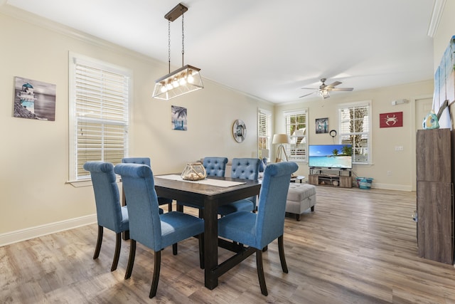 dining area with hardwood / wood-style floors, crown molding, and ceiling fan