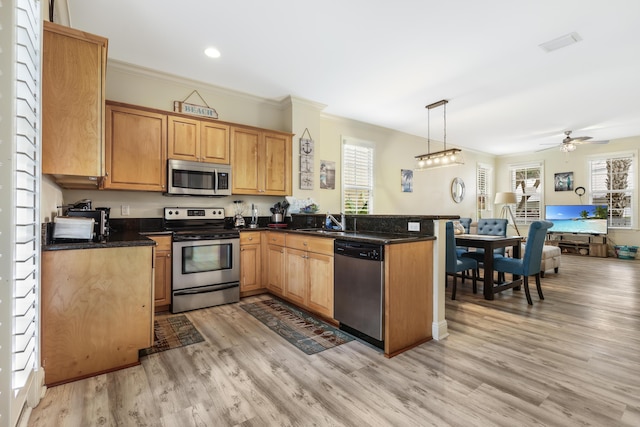 kitchen featuring appliances with stainless steel finishes, sink, pendant lighting, and kitchen peninsula