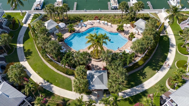 bird's eye view with a water view