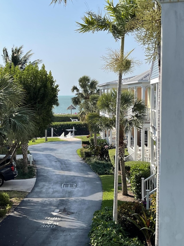 view of road with a water view