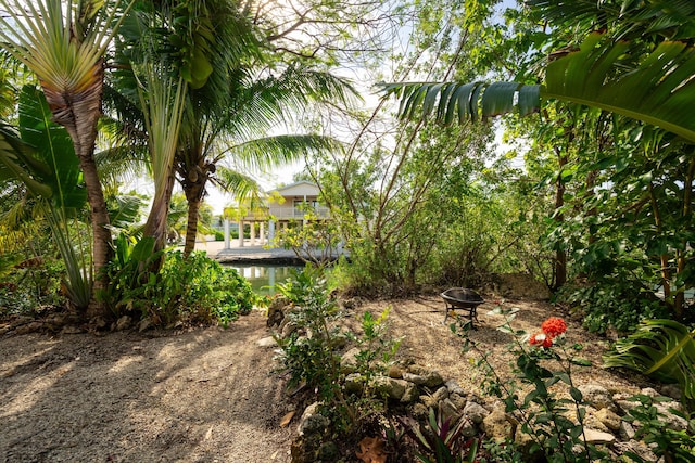 view of yard featuring an outdoor fire pit