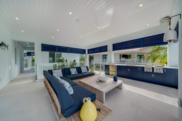 living room featuring light tile patterned floors and wooden ceiling