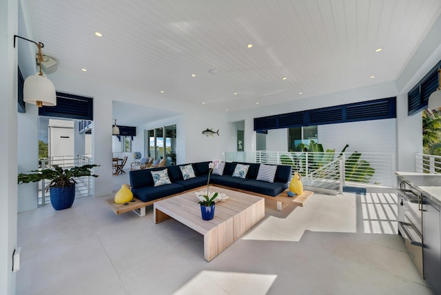 living room with wooden ceiling