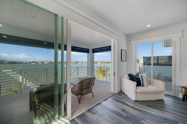 living area with a water view and wood-type flooring