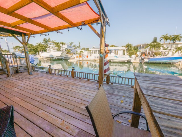 wooden terrace featuring a water view and a boat dock