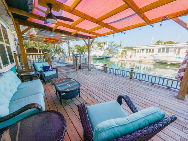 wooden terrace with a water view and a dock