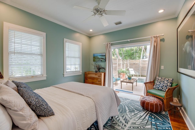 bedroom featuring ceiling fan, crown molding, access to outside, and wood-type flooring