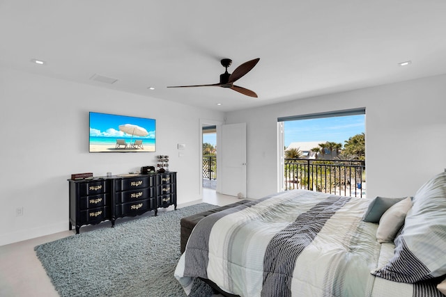 bedroom featuring access to outside and ceiling fan