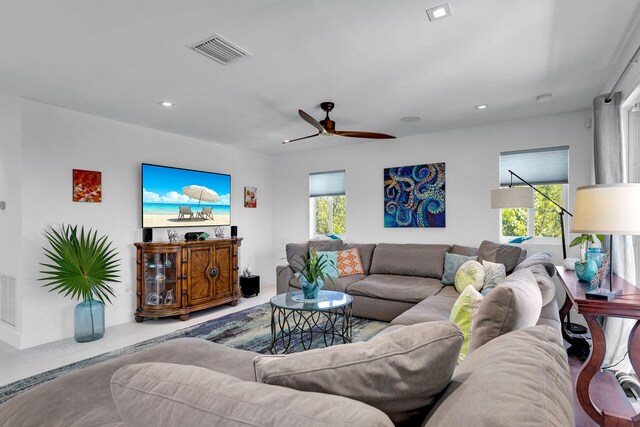 living room featuring ceiling fan