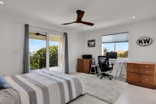 bedroom featuring multiple windows, access to outside, and ceiling fan