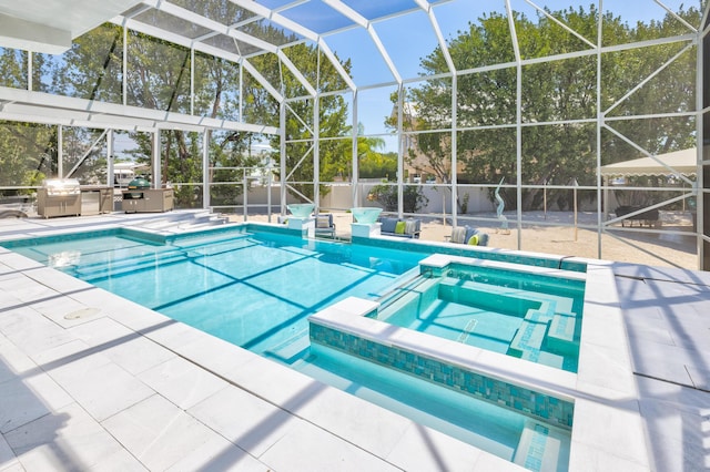 view of pool with area for grilling, a lanai, a patio, and an in ground hot tub