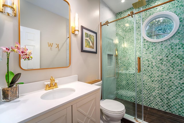 bathroom with vanity, toilet, and a shower with shower door