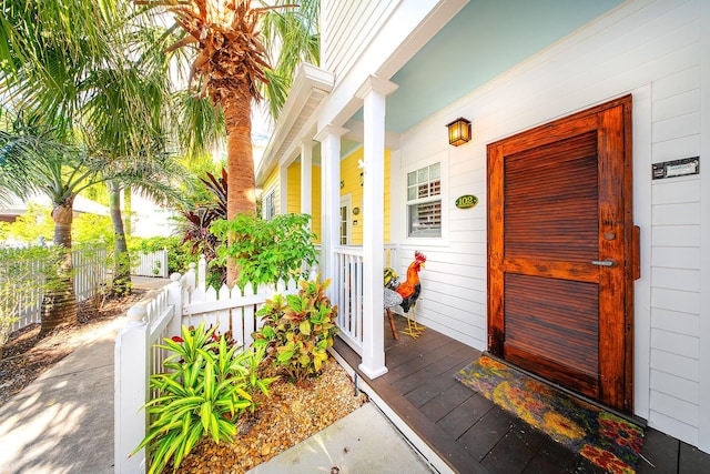 view of exterior entry featuring covered porch