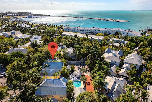 drone / aerial view featuring a water view