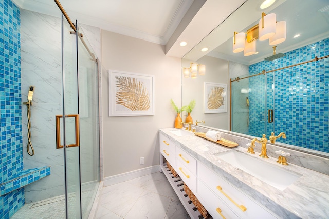 bathroom with an enclosed shower, vanity, and crown molding