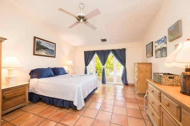 bedroom featuring ceiling fan, access to exterior, vaulted ceiling, and light tile patterned floors