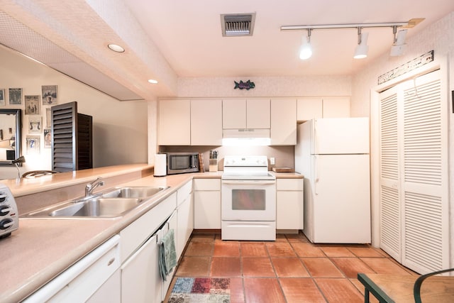 kitchen featuring white cabinetry, white appliances, kitchen peninsula, and sink