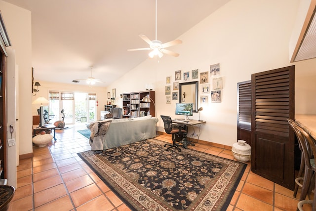 living room with ceiling fan, high vaulted ceiling, and light tile patterned floors