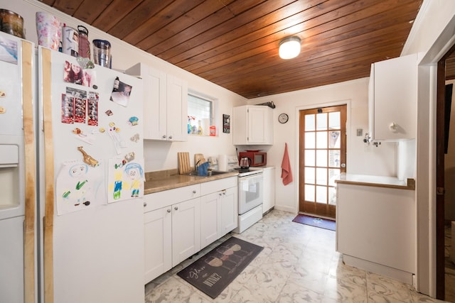 kitchen featuring light countertops, white appliances, wooden ceiling, and white cabinets