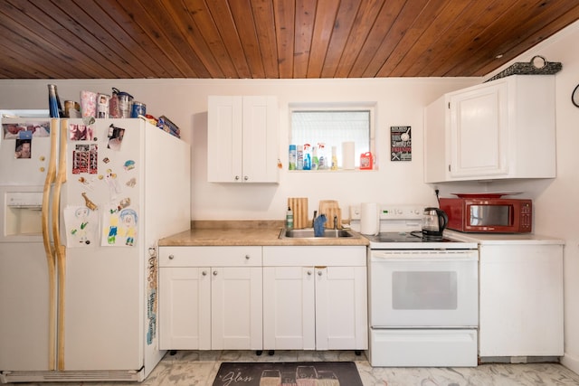 kitchen with wooden ceiling, white appliances, white cabinets, marble finish floor, and light countertops